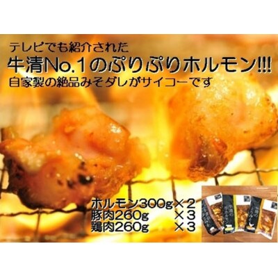 牛清　特製みそダレNセット　牛ホルモン300g×2　豚肉×3　鶏肉×3　BBQで大活躍　1517