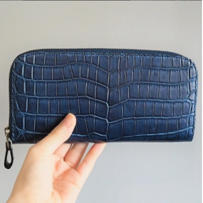 クロコダイルラウンドファスナー長財布 藍染め仕様 手作りレザー本革 クロコダイル 【受注生産】