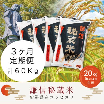 【毎月定期便】＜3ヶ月連続＞謙信秘蔵米(精米)20kg全3回
