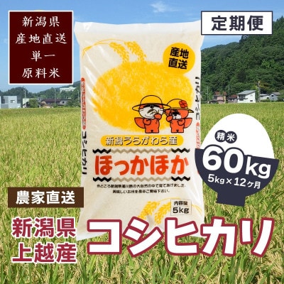 【毎月定期便】新潟県上越市浦川原産 極上の雪国米 コシヒカリ5kg精米全12回