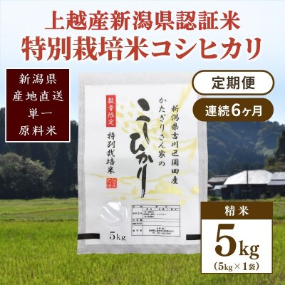 【毎月定期便】新潟県認証米/特別栽培米コシヒカリ 精米5kg(1袋)全6回