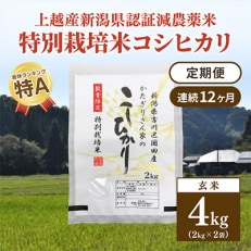 2023年7月発送開始『定期便』新潟県上越市吉川区国田産コシヒカリ玄米4kg(2k&times;2袋)全12回