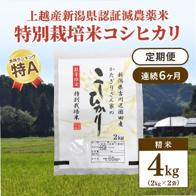 2023年3月発送開始『定期便』新潟県上越市吉川区国田産コシヒカリ精米4kg(2kg×2袋)全6回