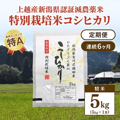 2023年3月発送開始『定期便』新潟県上越市吉川区国田産 コシヒカリ精米5kg(1袋)全6回
