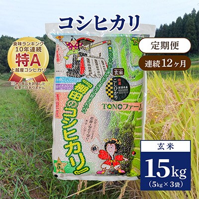【毎月定期便】新潟県上越市清里区東戸野産コシヒカリ15kg(5kg×3)玄米全12回