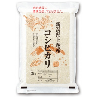新潟県産　コシヒカリ(精米)5kg　真空パック　栽培期間中、農薬を使用しておりません!