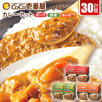 【毎月定期便】ココイチカレーFセット(ポーク・野菜・キーマ各10個)計30個全3回