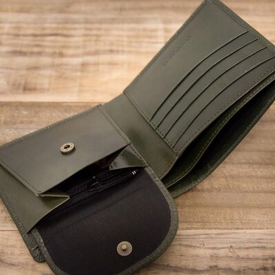 本革シンプルな二つ折り財布 ダークグリーン 63-002-3