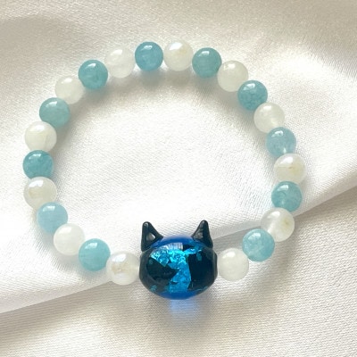 光る猫玉とアクアマリンの天然石ブレスレット(キッズサイズ)