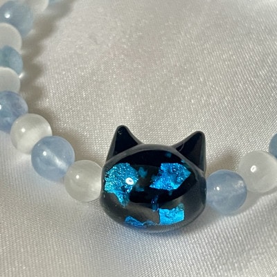 猫玉ホタルガラスの天然石ブレスレット|アクアマリン&キャッツアイ|キッズサイズ
