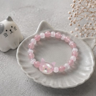 猫玉ホタルガラスの天然石ブレスレット|ローズクオーツ&キャッツアイ|キッズサイズ