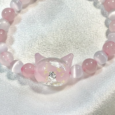 猫玉ホタルガラスの天然石ブレスレット|ローズクオーツ&キャッツアイ|キッズサイズ