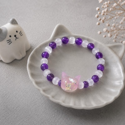 猫玉ホタルガラスの天然石ブレスレット|アメジスト&キャッツアイ|レディースサイズ