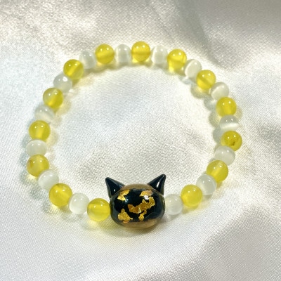 猫玉ホタルガラスの天然石ブレスレット|イエローアゲート&キャッツアイ|レディースサイズ
