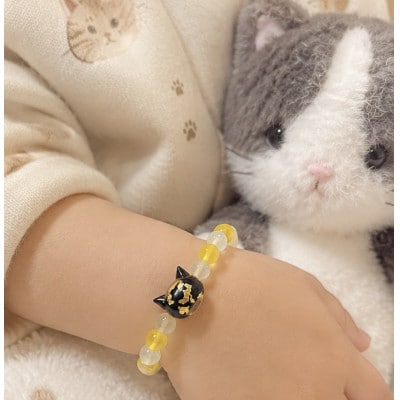 猫玉ホタルガラスの天然石ブレスレット|イエローアゲート&キャッツアイ|キッズサイズ