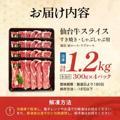 仙台牛スライス　すき焼き・しゃぶしゃぶ用　300g×4
