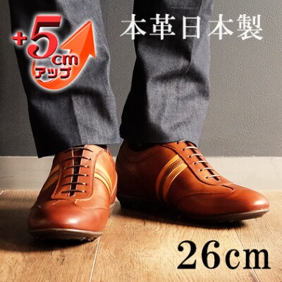 レザースニーカー 紐タイプ 5cmアップシークレットシューズ No.899 ブラウン 26cm