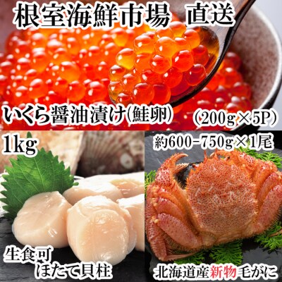 いくら(鮭卵)200g×5P、ほたて貝柱1kg、毛がに1尾 D-14029