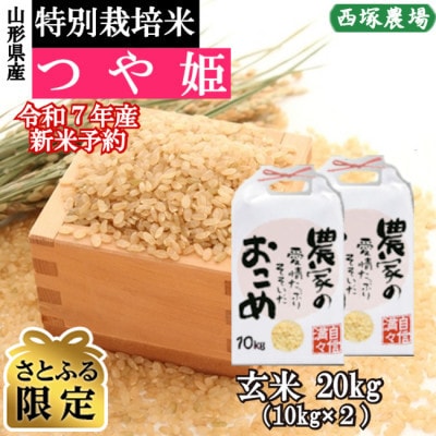 【さとふる限定】新米先行受付　令和7年産　特別栽培米つや姫　玄米 20kg　山形県産　西塚農場のお米