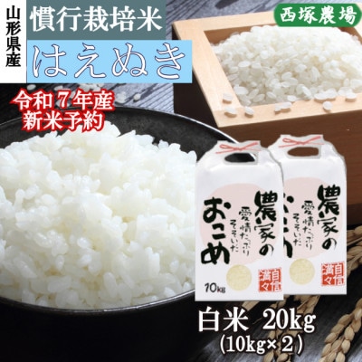 【新米先行受付】令和7年産　慣行栽培米はえぬき白米20kg　山形県産　西塚農場の米