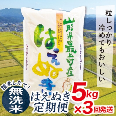 【毎月定期便】買い忘れなしで美味しいはえぬき5kg(無洗米)が届く全3回