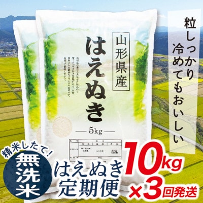【発送月固定定期便】買い忘れなしで美味しいはえぬき10kg(無洗米)が届く全3回