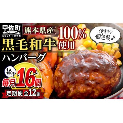【毎月お届け】黒毛和牛　ハンバーグ　150g×16個(定期便12ヶ月コース)