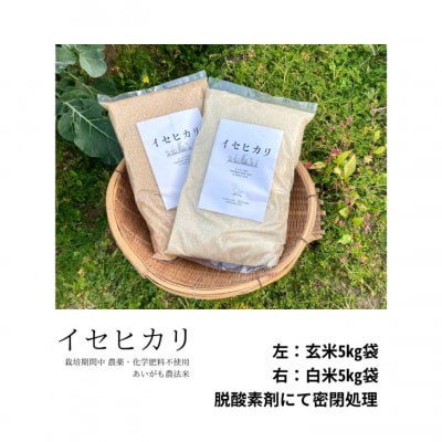 令和6年産　イセヒカリ　10kg(5kg×2)　玄米〈栽培期間中農薬不使用　あいがも農法米〉