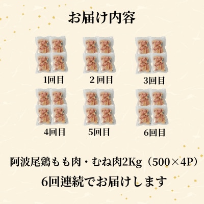 【定期便6回】阿波尾鶏　もも肉・むね肉セット2kg(500g×4P) 鶏肉 徳島 地鶏 とり肉 