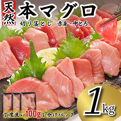 天然本まぐろ 切り落とし 1kg(100g×10P) マグロ 本まぐろ 中とろ 赤身 天然 鮪 