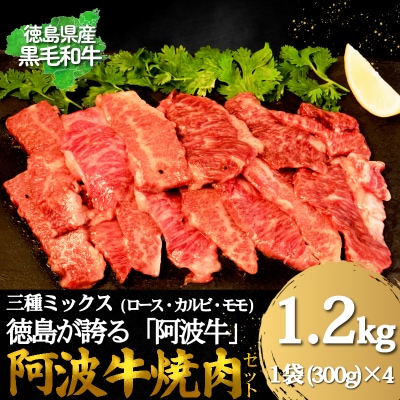 国産 阿波牛焼肉ミックス 醤油ダレ 1.2kg (300g×4P)　牛肉 焼肉 ロース カルビ モモ