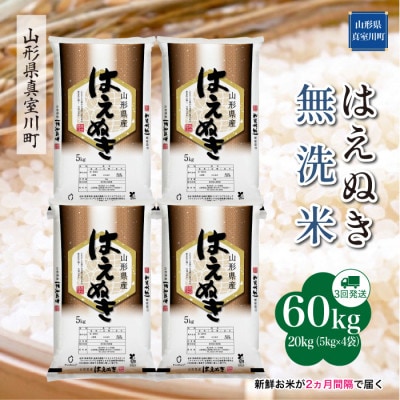 【2ヵ月毎定期便】はえぬき【無洗米】60kg(20×3回)◆RR7H6020M-M全3回