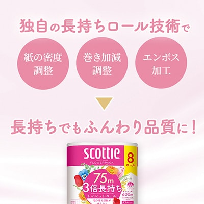スコッティフラワーパック 3倍巻き トイレットペーパー ダブル 8ロール×6パック 日用品