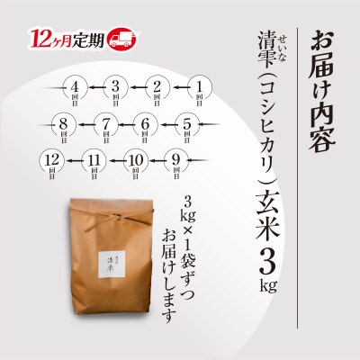 【毎月定期便】京都夜久野産　清雫(せいな)コシヒカリ 玄米3kg全12回