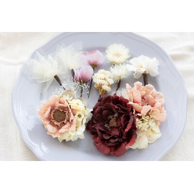 コサージュと髪飾りのフラワーアクセサリーセット(ピンク系)【761】