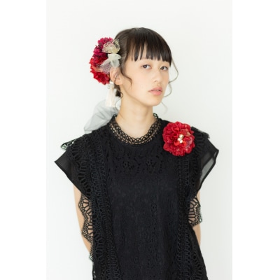 コサージュと髪飾りのフラワーアクセサリーセット(レッド系)【762】
