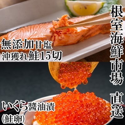 根室海鮮市場＜直送＞いくら醤油漬け(秋鮭卵)70g×1P、沖獲れ鮭15切 A-28154