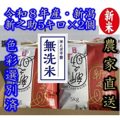 【令和8年産新米】 阿賀野市産「新之助」無洗米 10kg(5kg×2袋) 