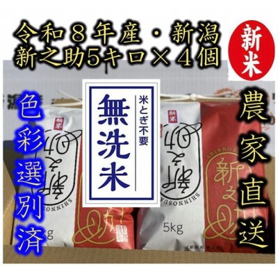 【令和8年産新米】 阿賀野市産「新之助」無洗米 20kg(5kg×4袋)