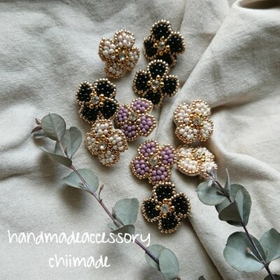 ビーズ 刺繍 お花 :ピアス  ピンク ジュエリー アクセサリー chiimade 