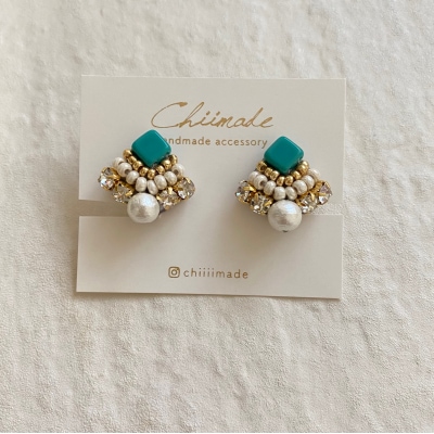 ビーズ 刺繍 ひし形 : ピアス ターコイズ ジュエリー アクセサリー chiimade