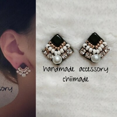 ビーズ 刺繍 ひし形 : イヤリング  黒 ジュエリー アクセサリー chiimade