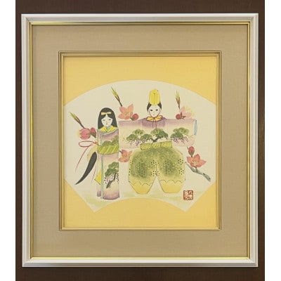 日本画直筆色紙【お雛様】 額サイズ約35.5cm×38.5cm