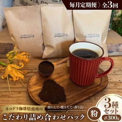 【毎月定期便】《粉3種計300g》ネコグラ珈琲焙煎所の煎りたて挽きたてコーヒーセット全3回