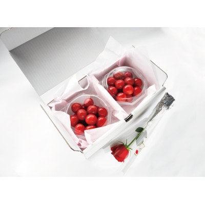 母の日 寒河江市 ハウスさくらんぼ 佐藤錦 秀品 L玉100g×2パック&バラ(生花)付き
