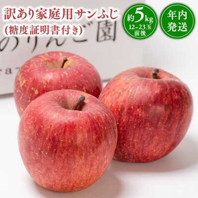 年内発送 【訳あり】家庭用サンふじ約5kg(糖度証明書付き) 【那由多のりんご園・平川市産】