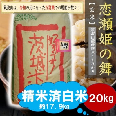 【玄米20kg⇒精米済白米】筑波山麓厳選★検査1等米こしひかり【恋瀬姫の舞】令和7年産