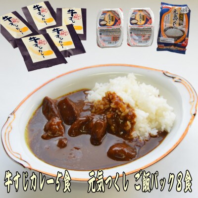 本格派の牛すじカレー5食&福岡県産元気つくしパックごはん電子レンジ対応8食セット(中間市)