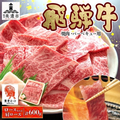 【 飛騨牛 】ロースor肩ロース 焼き肉・BBQ用 計600g 黒毛和牛 養老ミート(牛脂付)