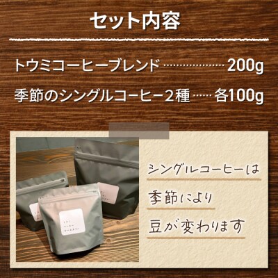 【トウミコーヒーロースタリー】オリジナルブレンドと季節のシングルコーヒーの3種のセット(粉にひく)